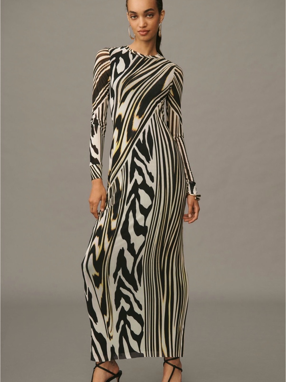 AFRM Zebra-Print Long Sleeve Maxi dress - Black & Cream Sz 1X/1T
